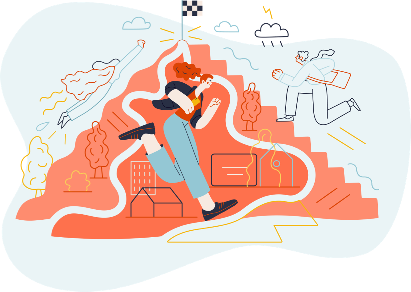 Illustration of a female entrepreneur running up a mountain trail towards a flag on top