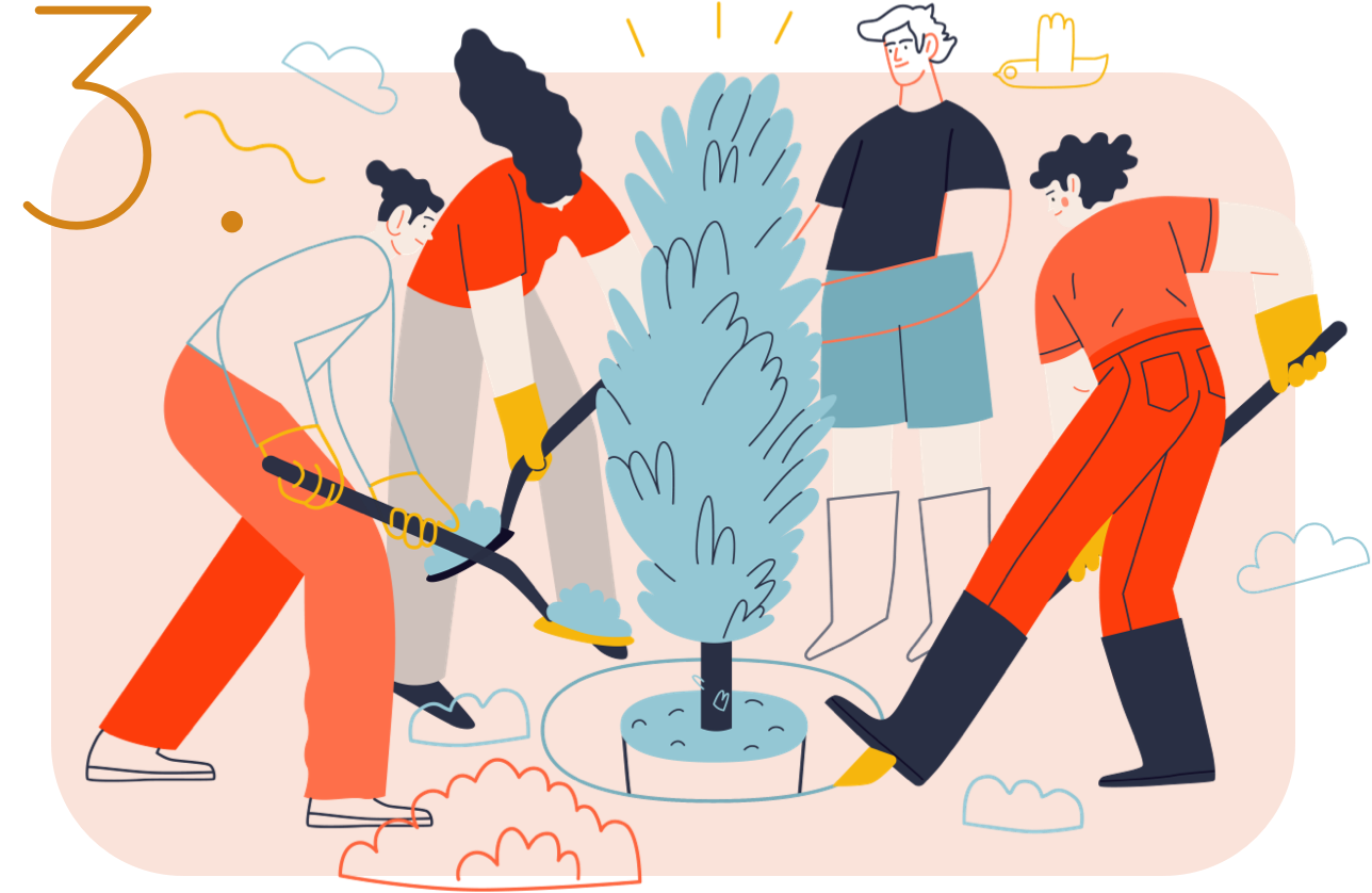 Illustration of four people planting a tree outdoors